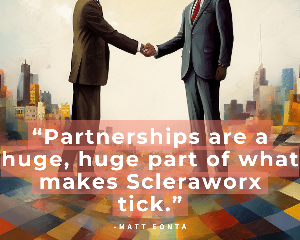 A quote by Matt Eonta and a close-up shot of two business personnel shaking hands
